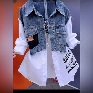 Denim and White Jacket with Graphic Print